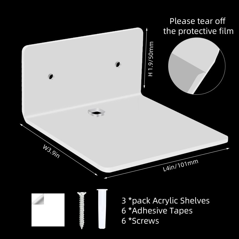 Ludery 3 Pack Small Floating Shelves for Wall, 4'' Small Adhesive Wall Shelves,Acrylic Mini Wall Shelf for Bedroom, Bathroom, Living Room, Office (2 Types of Installation) - Image 2